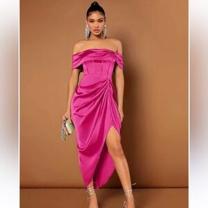 NWT SHEIN Bae Off Shoulder Ruched Draped Asymmetrical Maxi Dress in Pink